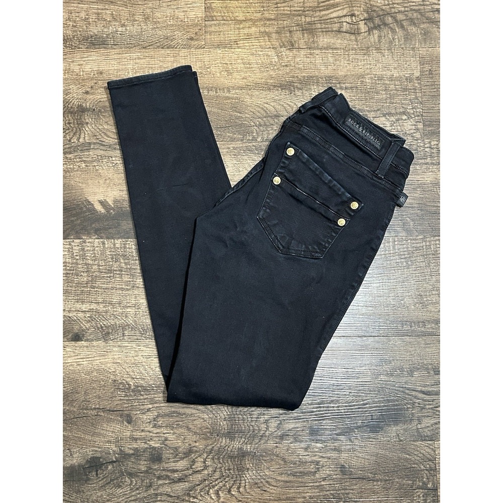 Rock &‎ Republic Kashmere Skinny Jeans Women's Sz 10 Black Mid Rise Stretch Gold